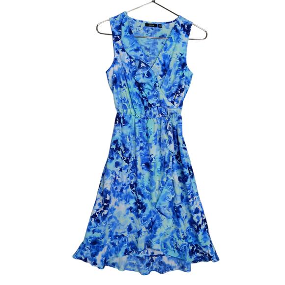 APT.9 Blue Floral Faux Wrap Spring Dress Size XS Easter Sleeveless Ruffle Neck - Picture 4 of 10
